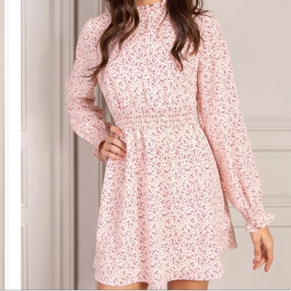 SENLIS Julie Smocked Long Sleeve Mini Dress Pink Country Floral size medium